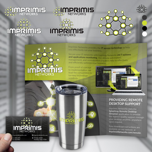 Brand materials for an IT company are shown, including a tri-fold brochure, business card, and engraved travel mug.
