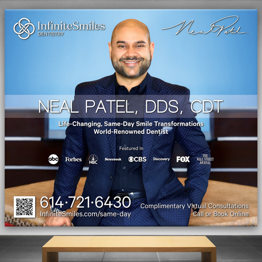 A large dental advertisement printed on canvas. Dentist centered in frame wearing a suit with large text advertising dental transformations in one day.