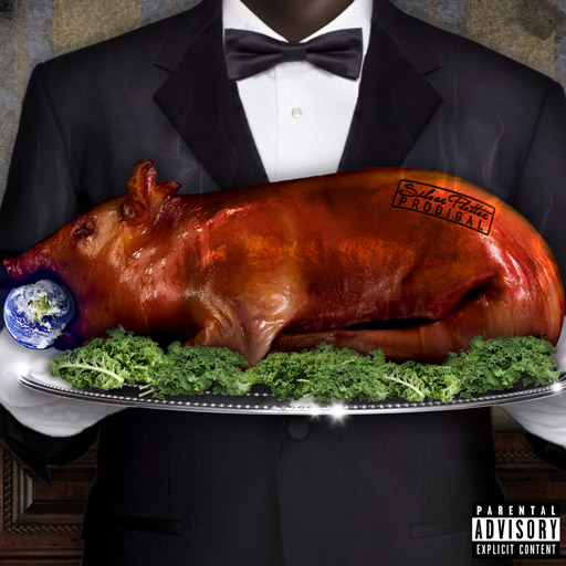 Album cover. A man in a tuxedo serves a full, roast hog on a silver platter. The earth is resting in its mouth in place of an apple.