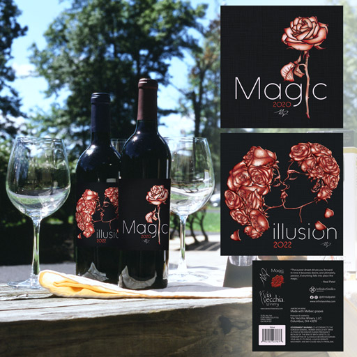Two wine labels feature digitally painted roses. The first label, Magic, features a single rose in place of the 'I' in Magic. The second label, Illusion, features an intimate couple made of roses kissing.