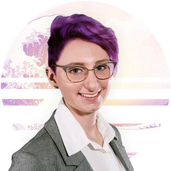Kate Durr with purple hair in business suit poses in front of 'The Great Wave off Kanagawa'