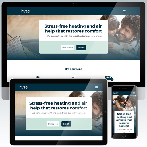 A website for a consumer-facing HVAC dealer search business is shown on a desktop PC, a tablet, and a phone screen.